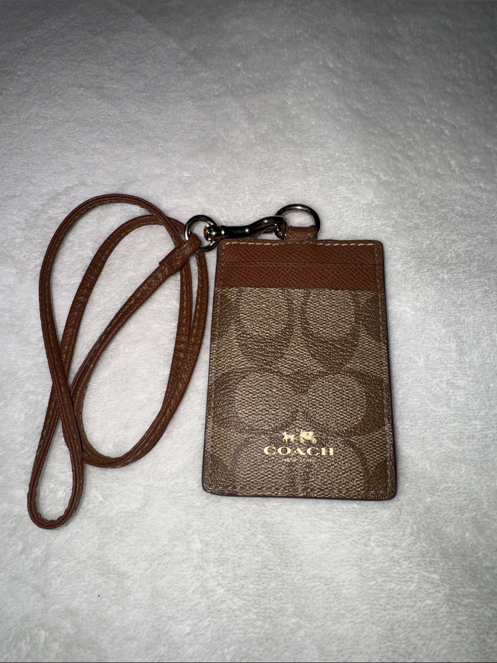 Coach Brown Signature ID Lanyard with Gold Logo